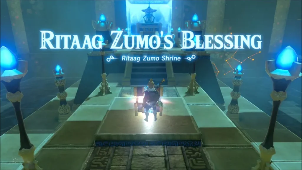 Link at the altar inside Ritaag Zumo Shrine under the Blessing banner Link at the altar inside Ritaag Zumo Shrine under the Blessing banner