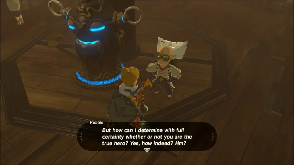 Robbie asking Link to prove he is the true hero beside the ancient robot Robbie asking Link to prove he is the true hero beside the ancient robot