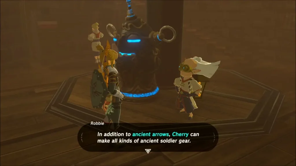 Robbie telling Link that Cherry can make ancient soldier gear Robbie telling Link that Cherry can make ancient soldier gear