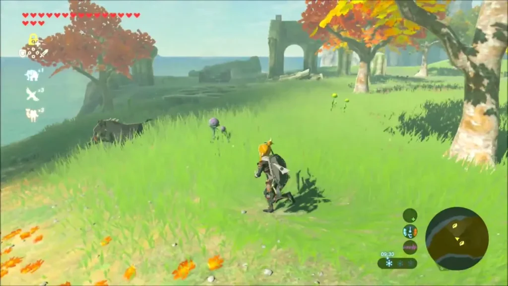 Link crossing the grass toward stone arches on the seaside slope Link crossing the grass toward stone arches on the seaside slope