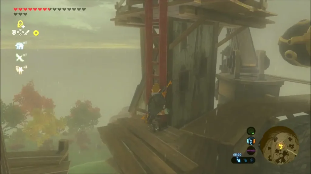 Link climbing a ladder on the wooden scaffolding up the lab Link climbing a ladder on the wooden scaffolding up the lab