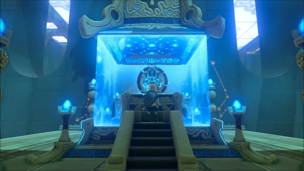Link standing before the shrine's glowing altar after the second orb Link standing before the shrine's glowing altar after the second orb