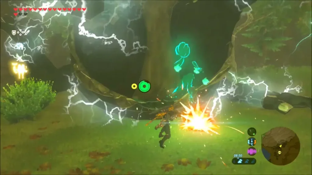 Shock arrow bursting against a Hinox with lightning crackling around it Shock arrow bursting against a Hinox with lightning crackling around it