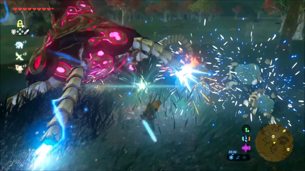 Sparks flying as Link strikes a Guardian Stalker at night Sparks flying as Link strikes a Guardian Stalker at night