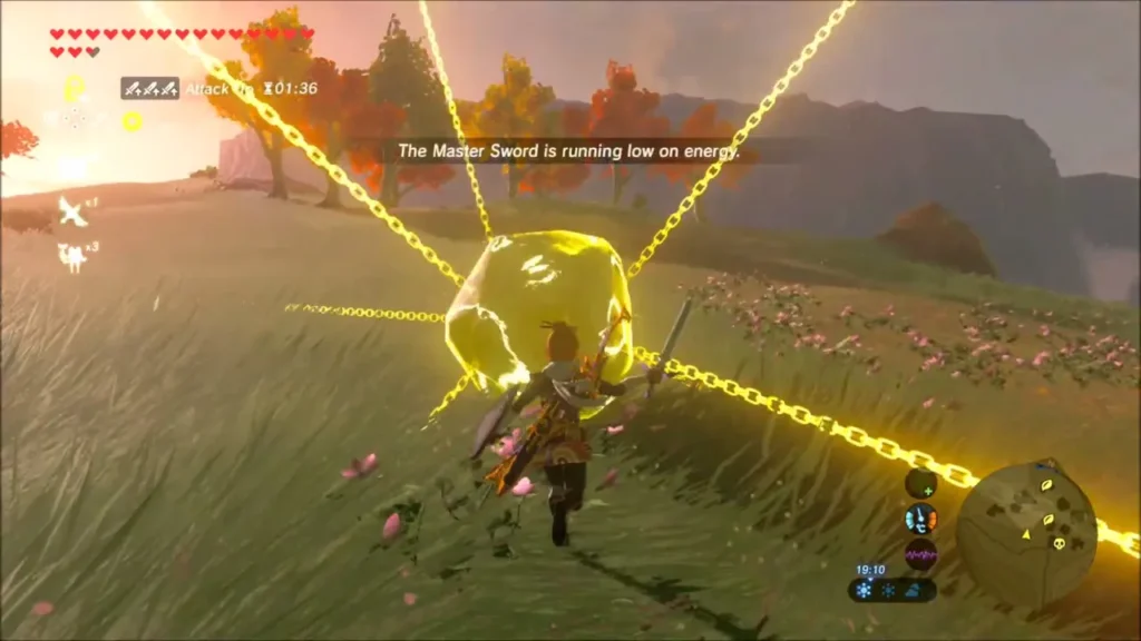 Link launching a Stasis-frozen boulder across a grassy hillside Link launching a Stasis-frozen boulder across a grassy hillside