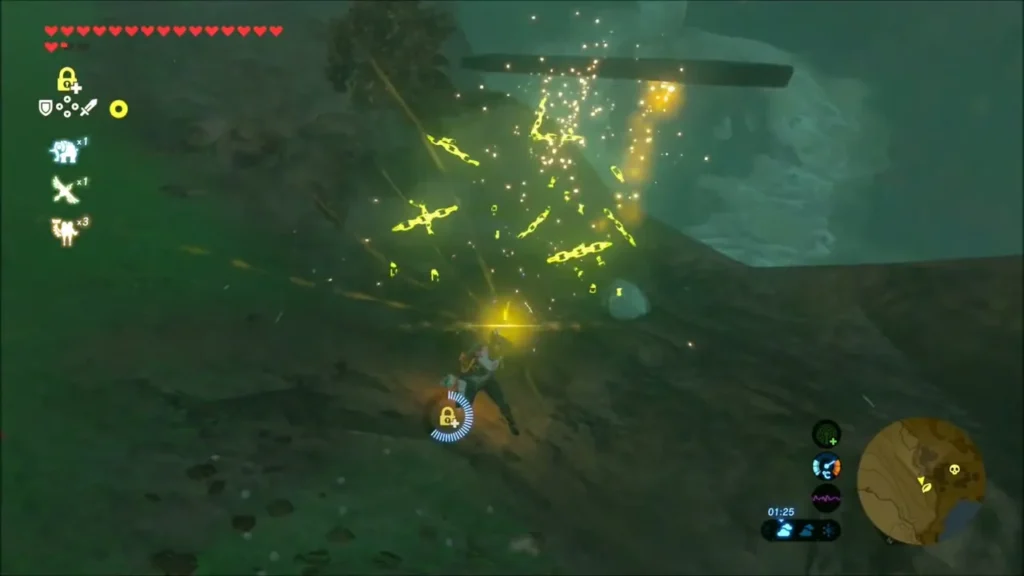 Link striking a Stasis-frozen slab on a rocky slope Link striking a Stasis-frozen slab on a rocky slope