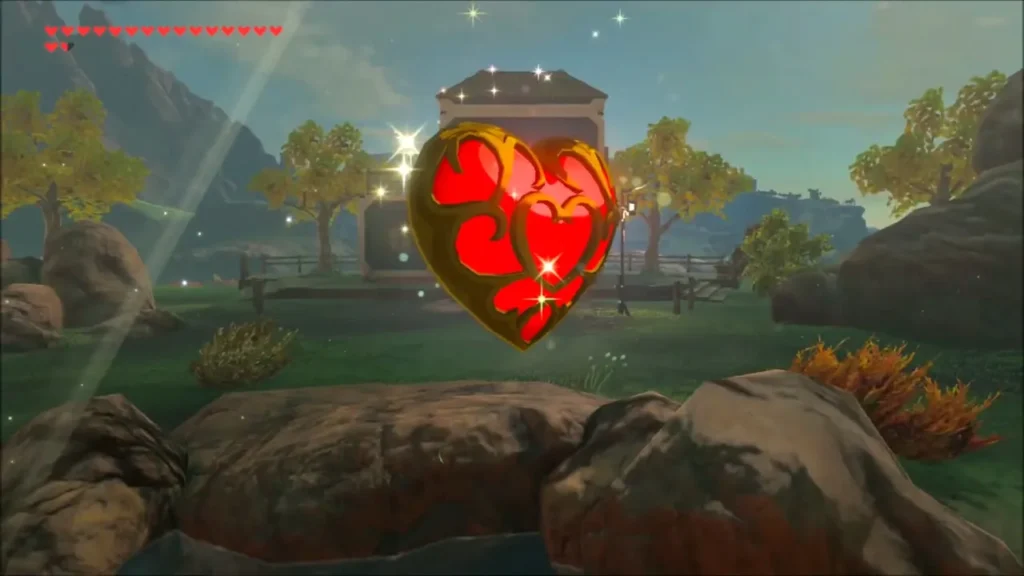 A Heart Container floating before the glowing Goddess Statue A Heart Container floating before the glowing Goddess Statue