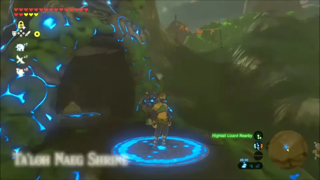 Link standing on the Ta'loh Naeg Shrine travel pad near Kakariko Link standing on the Ta'loh Naeg Shrine travel pad near Kakariko