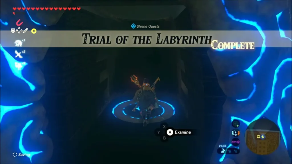 Trial of the Labyrinth Complete banner as Link stands on the Tu Ka'loh Shrine entrance pad Trial of the Labyrinth Complete banner as Link stands on the Tu Ka'loh Shrine entrance pad