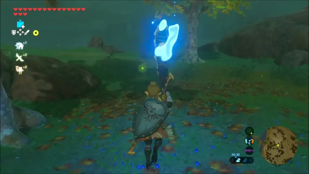 Link walking steadily with the blue-flame torch held up in front Link walking steadily with the blue-flame torch held up in front