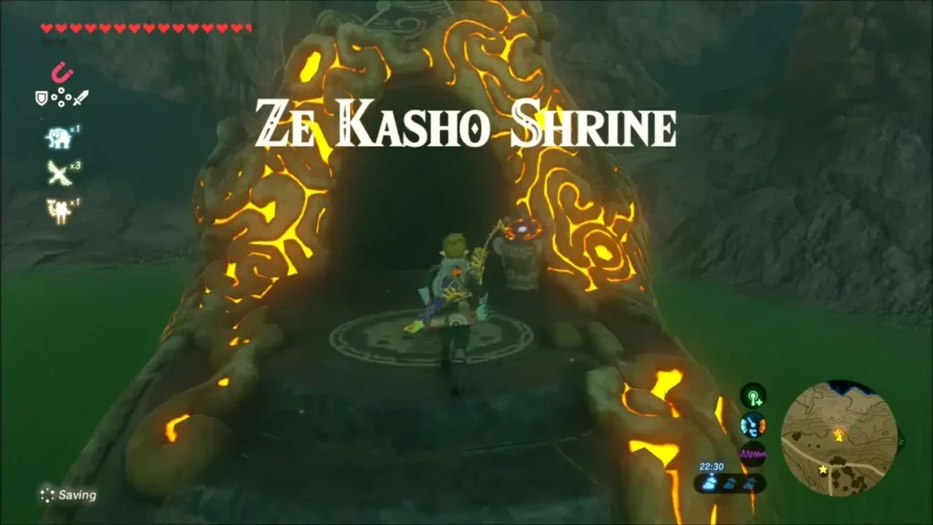 Link entering Ze Kasho Shrine, its name shown on screen Link entering Ze Kasho Shrine, its name shown on screen