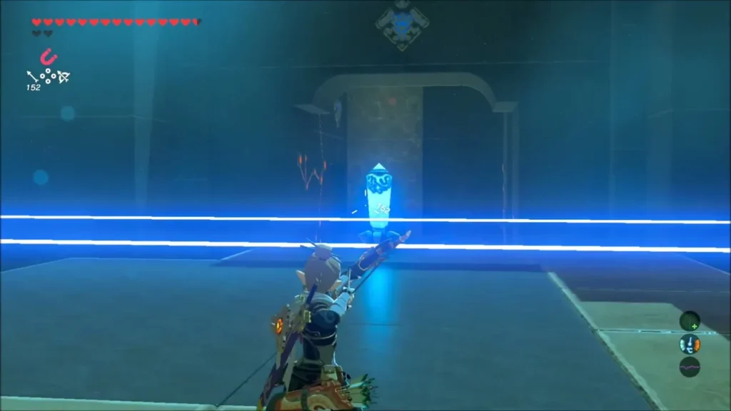 Link aiming a bow at a guardian crystal behind laser beams Link aiming a bow at a guardian crystal behind laser beams