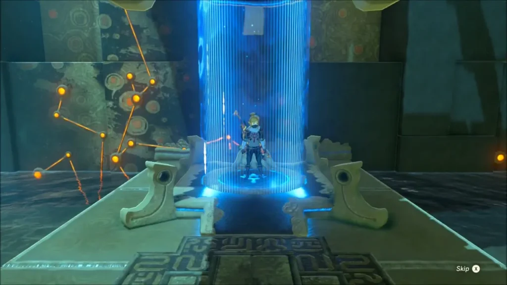 Link standing on the blue warp platform at the start of Zuna Kai Shrine Link standing on the blue warp platform at the start of Zuna Kai Shrine
