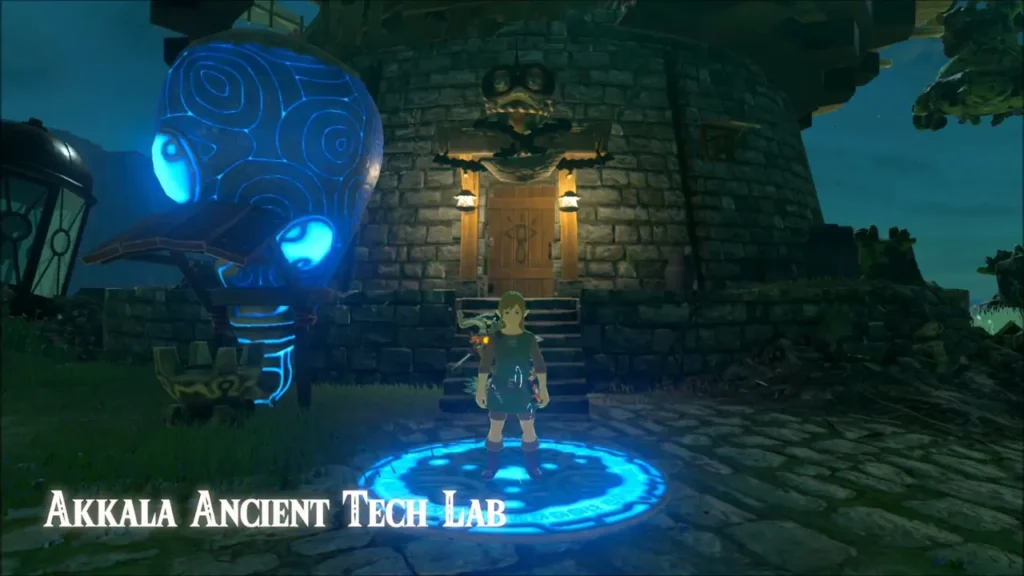 Link on the warp pad outside the Akkala Ancient Tech Lab at night Link on the warp pad outside the Akkala Ancient Tech Lab at night