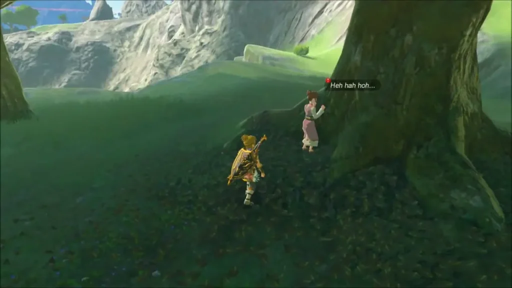 Link approaching Aliza standing beside the big tree Link approaching Aliza standing beside the big tree