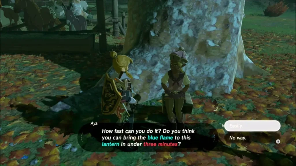 Aya under a tree asking if Link can carry the blue flame to her lantern in three minutes Aya under a tree asking if Link can carry the blue flame to her lantern in three minutes