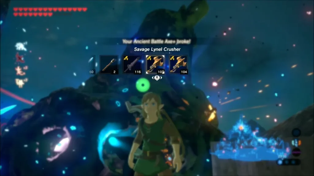 Link's Ancient Battle Axe+ breaks mid-fight against a Guardian Link's Ancient Battle Axe+ breaks mid-fight against a Guardian