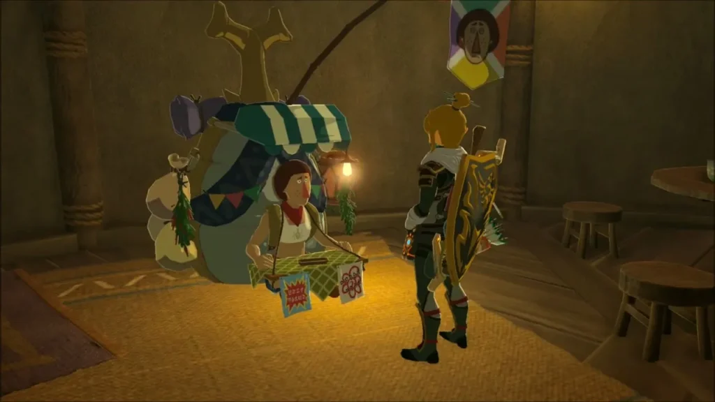 Beedle standing behind his stall inside the stable with Link in front of him Beedle standing behind his stall inside the stable with Link in front of him