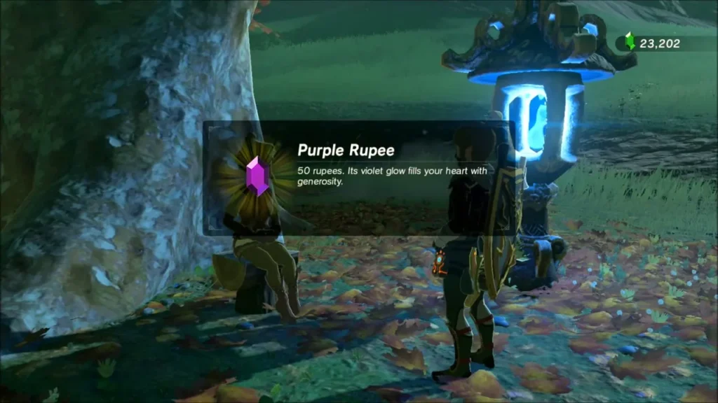 Link beside the lit blue lantern receiving a Purple Rupee from Aya Link beside the lit blue lantern receiving a Purple Rupee from Aya