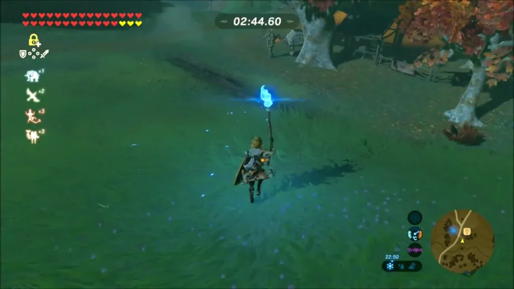 Link running across the grass carrying a torch with blue flame as the timer counts down Link running across the grass carrying a torch with blue flame as the timer counts down