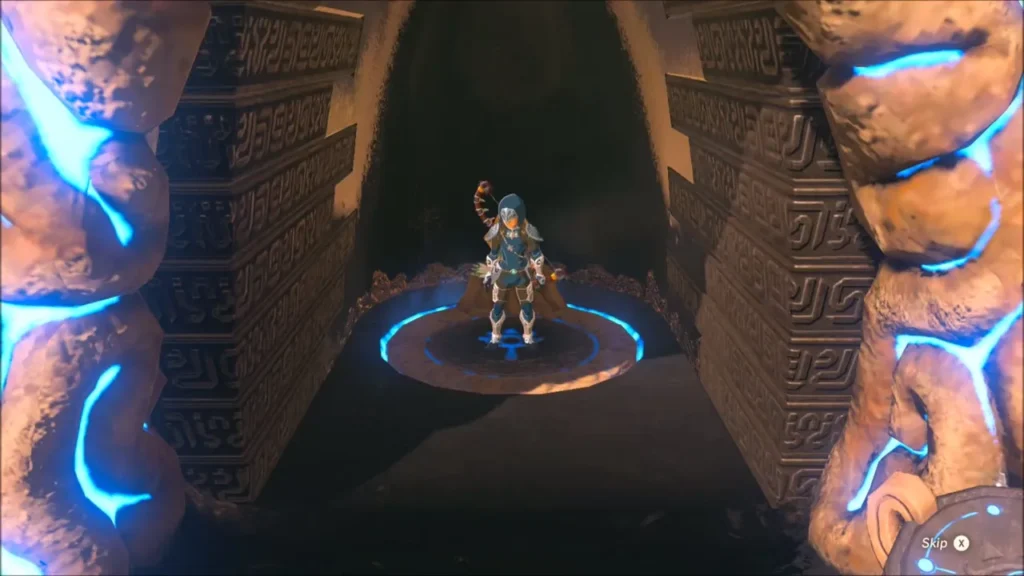 Link standing on the blue shrine floor inside the entrance Link standing on the blue shrine floor inside the entrance