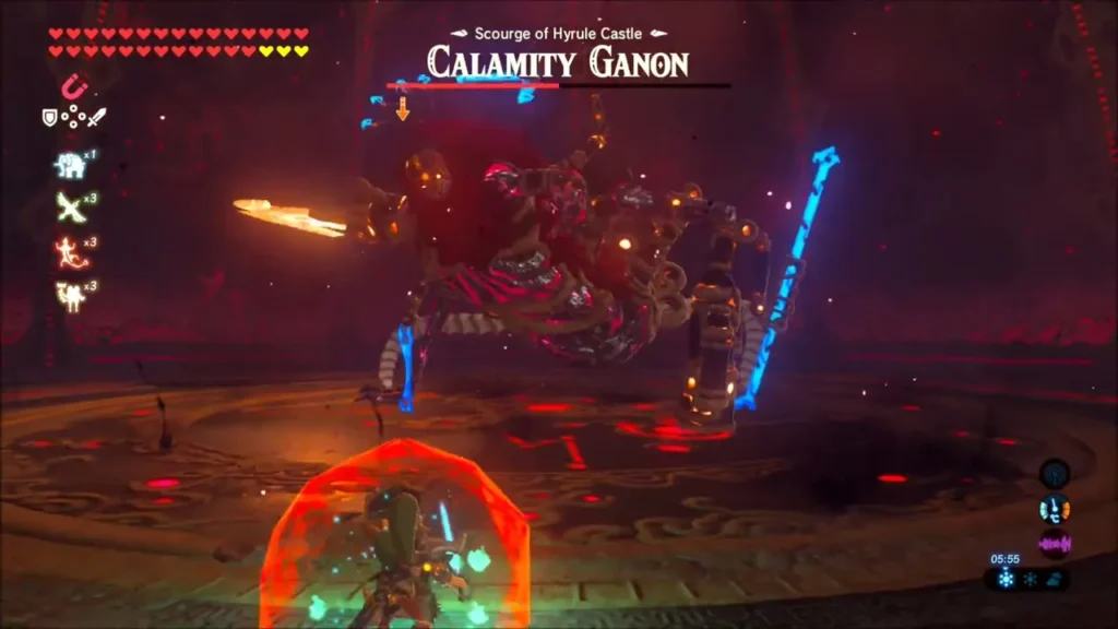 Calamity Ganon looming over Link in the arena as he guards behind a shield Calamity Ganon looming over Link in the arena as he guards behind a shield