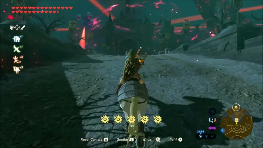 Link riding toward Hyrule Castle through the ruined town under red Guardian lasers Link riding toward Hyrule Castle through the ruined town under red Guardian lasers