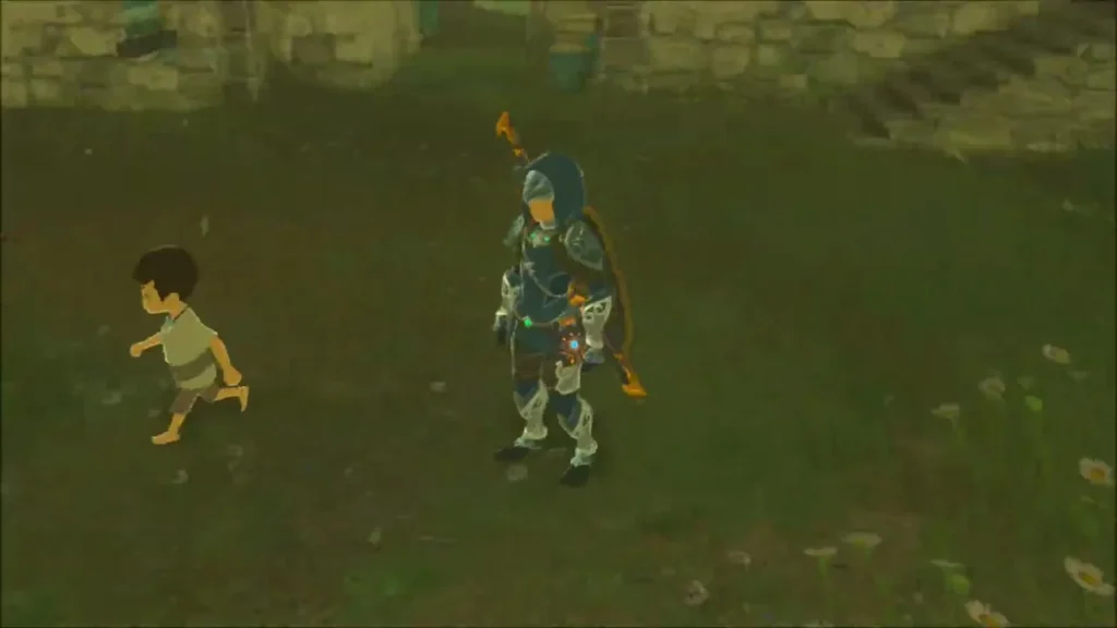 A Hateno child running past Link on the village grass A Hateno child running past Link on the village grass