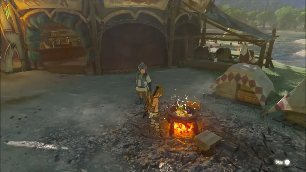 Link cooking a fresh dish in the stable pot while Gotter watches Link cooking a fresh dish in the stable pot while Gotter watches