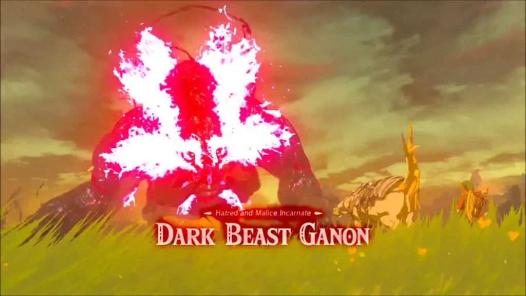Dark Beast Ganon rising in red Malice above the grassland Dark Beast Ganon rising in red Malice above the grassland