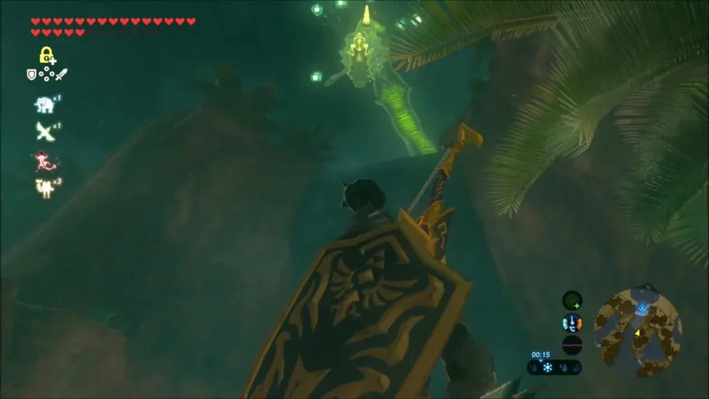 Link looking up at Farosh, the green dragon, coiling above the cliffs Link looking up at Farosh, the green dragon, coiling above the cliffs
