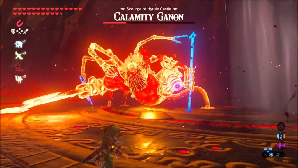 Calamity Ganon blazing with fire as Link faces him in the castle arena Calamity Ganon blazing with fire as Link faces him in the castle arena