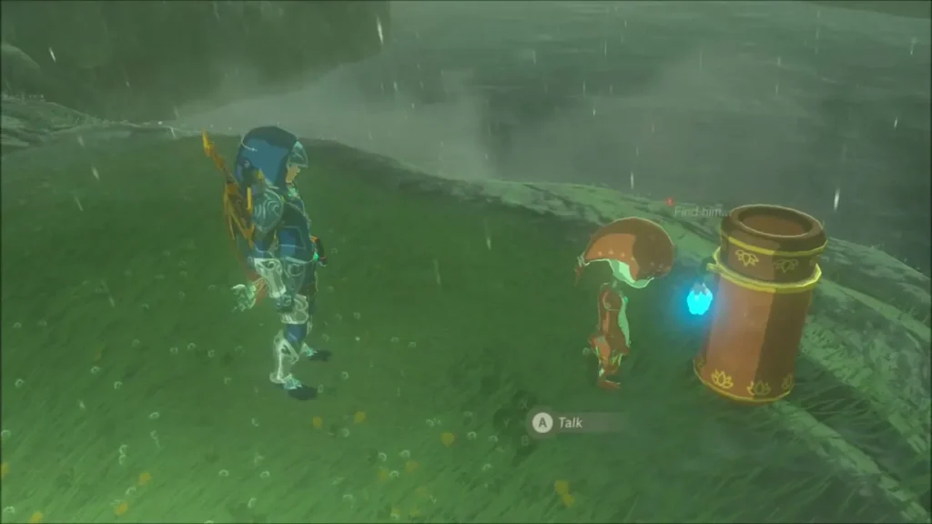 Link meeting Finley beside the letter barrel in the rain at Zora's Domain Link meeting Finley beside the letter barrel in the rain at Zora's Domain