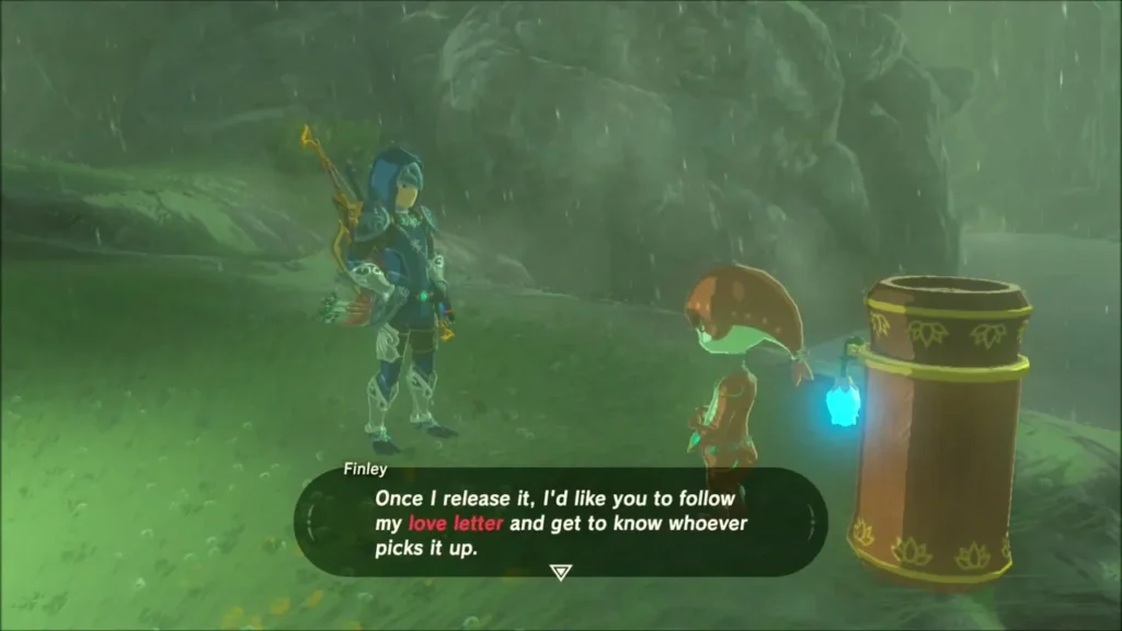 Finley asking Link to follow her love letter downstream Finley asking Link to follow her love letter downstream