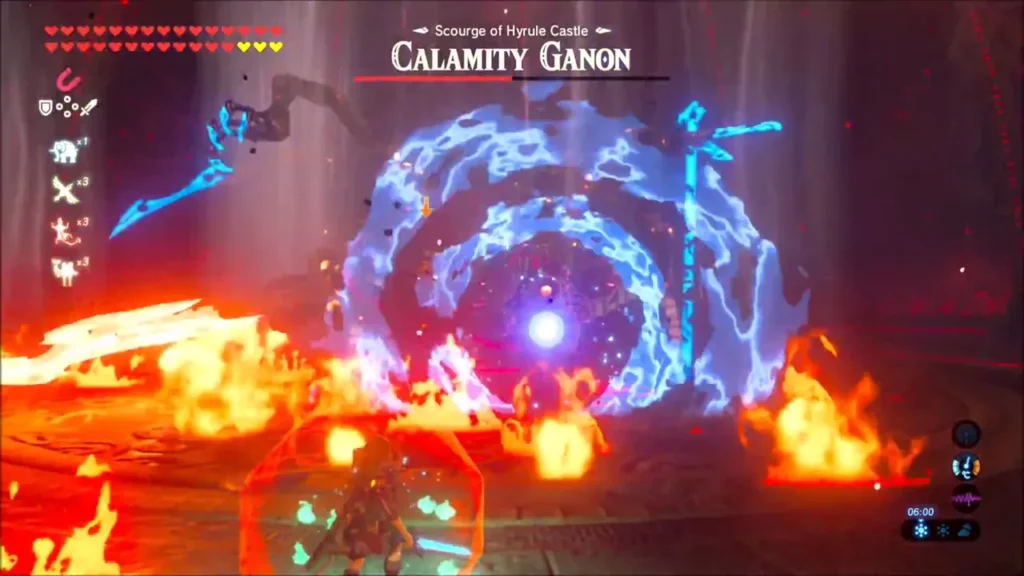 A blue Divine Beast beam strikes Calamity Ganon with fire burning on the arena floor A blue Divine Beast beam strikes Calamity Ganon with fire burning on the arena floor