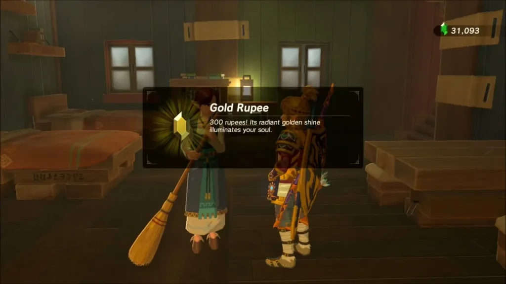 Ruli handing Link a Gold Rupee reward for A Parent's Love Ruli handing Link a Gold Rupee reward for A Parent's Love