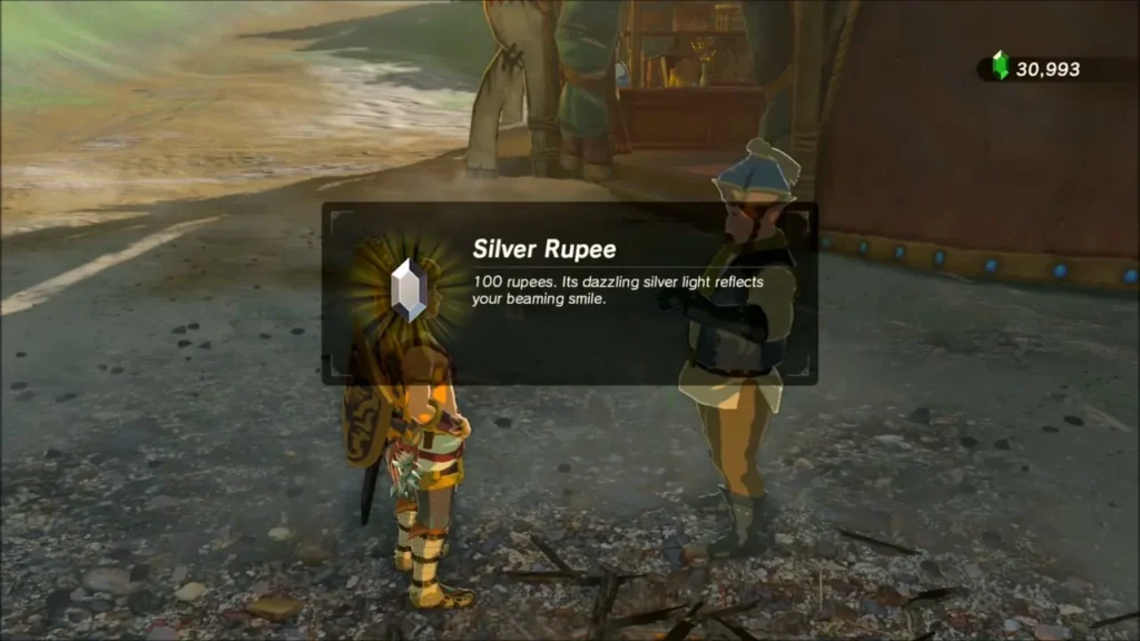 Link receiving a Silver Rupee from Gotter as thanks for the dish Link receiving a Silver Rupee from Gotter as thanks for the dish