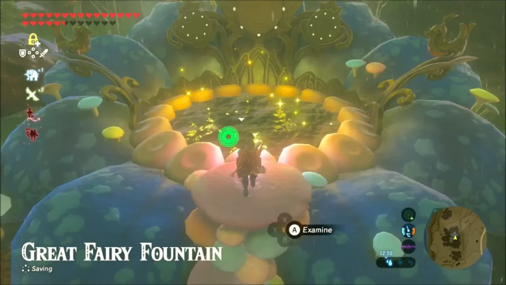 Link at the edge of the Great Fairy Fountain pool with the Examine prompt Link at the edge of the Great Fairy Fountain pool with the Examine prompt