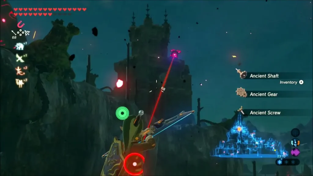 Link aiming a bow at a Guardian's red laser, with Ancient Shaft, Gear and Screw pickups listed Link aiming a bow at a Guardian's red laser, with Ancient Shaft, Gear and Screw pickups listed