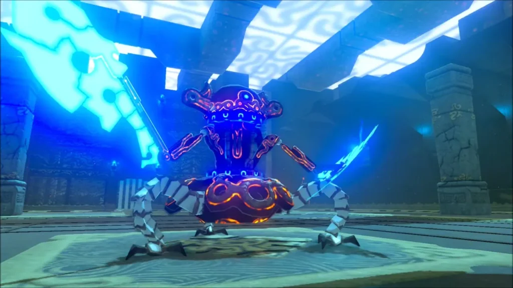 A Guardian Scout with glowing blue axe and sword in the shrine chamber A Guardian Scout with glowing blue axe and sword in the shrine chamber