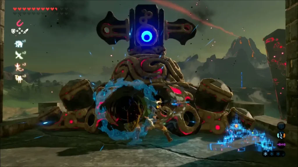 Link parrying a Guardian's beam in a ruined castle courtyard Link parrying a Guardian's beam in a ruined castle courtyard