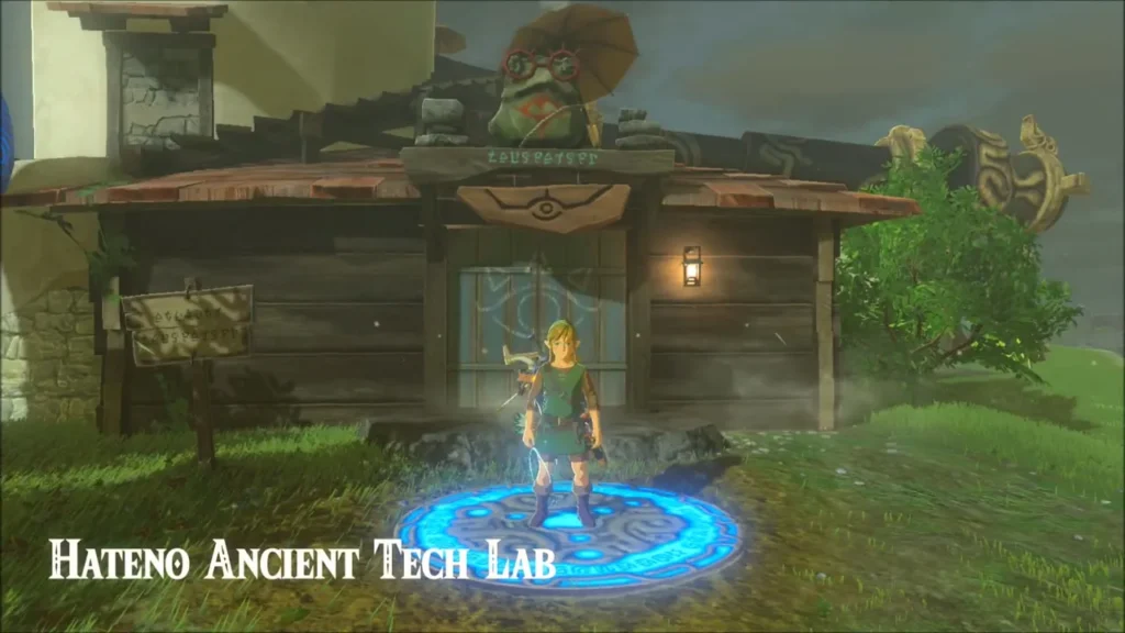 Link on the warp pad outside the Hateno Ancient Tech Lab, home of Symin Link on the warp pad outside the Hateno Ancient Tech Lab, home of Symin