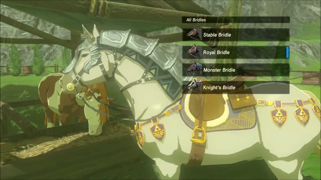 Bridle list with Stable, Royal, Monster and Knight's Bridle beside a white horse Bridle list with Stable, Royal, Monster and Knight's Bridle beside a white horse