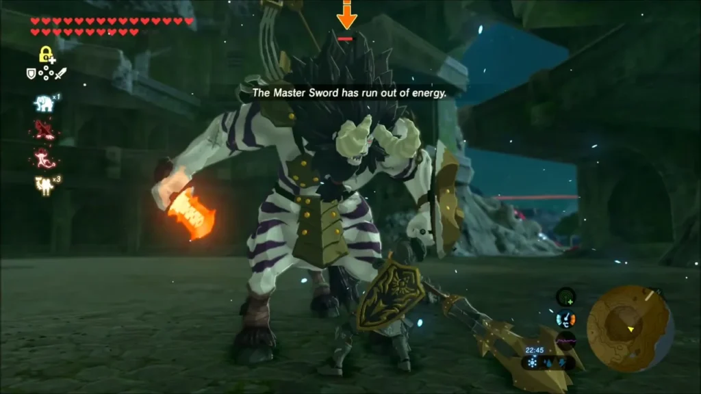 Link facing the Silver Lynel up close with its flaming weapon raised Link facing the Silver Lynel up close with its flaming weapon raised