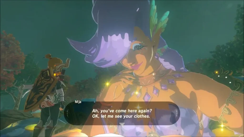 Great Fairy Mija leaning over Link and offering to look at his clothes Great Fairy Mija leaning over Link and offering to look at his clothes