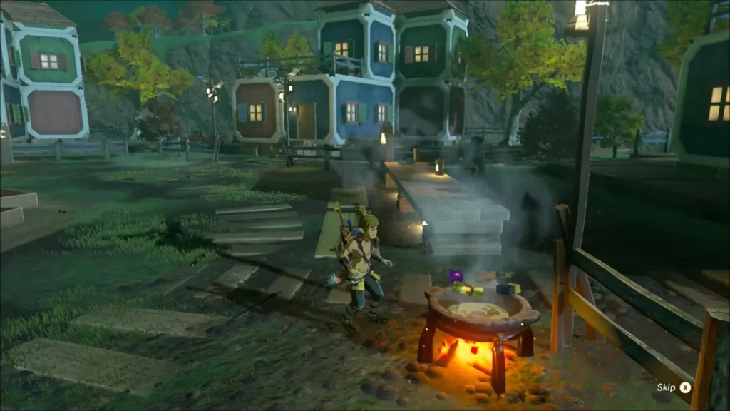 Link cooking a Monster Cake at a pot in Tarrey Town at night Link cooking a Monster Cake at a pot in Tarrey Town at night
