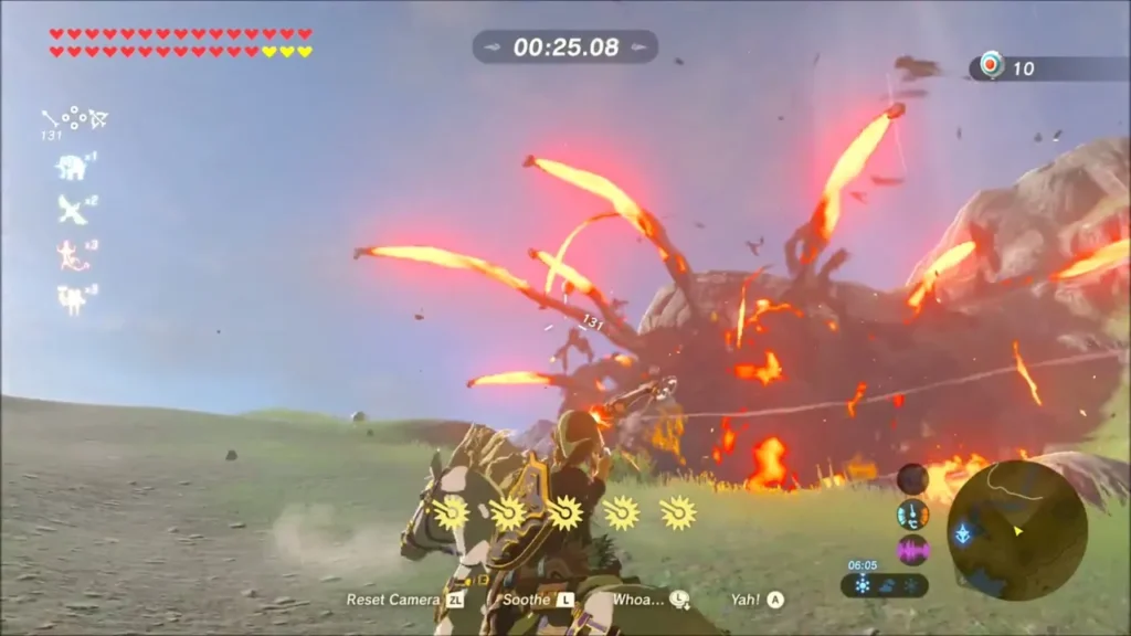 Link shooting a bomb arrow from horseback at a target in the archery run Link shooting a bomb arrow from horseback at a target in the archery run