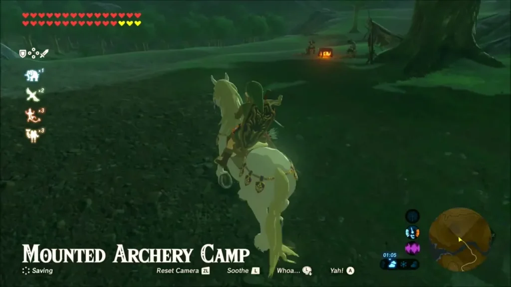 Link riding a horse toward the Mounted Archery Camp campfire at night Link riding a horse toward the Mounted Archery Camp campfire at night