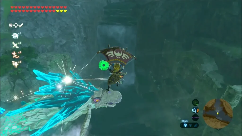 Link gliding over Naydra's head as an arrow strikes it Link gliding over Naydra's head as an arrow strikes it