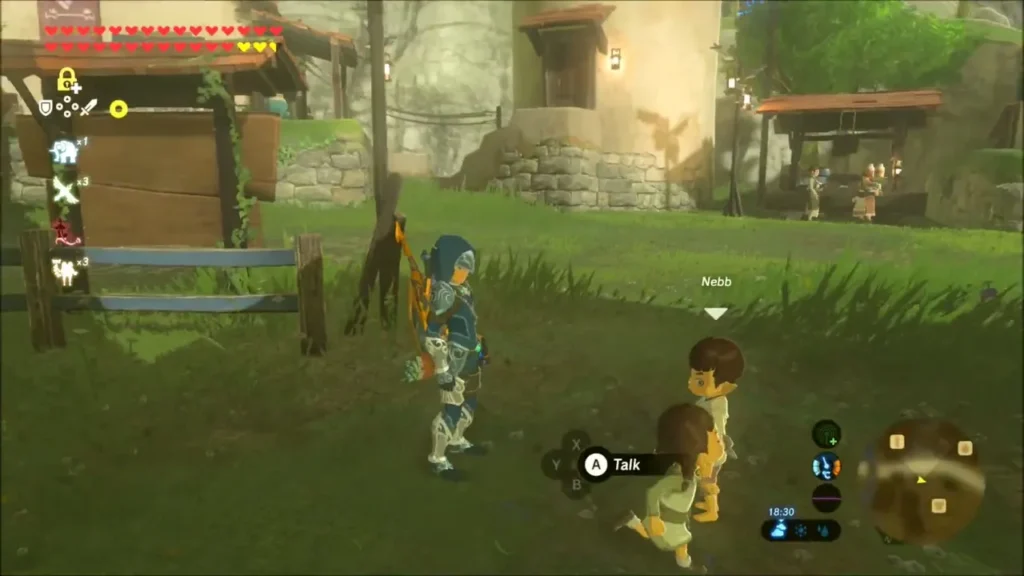 Link approaching the Hateno children, with Nebb marked for talking Link approaching the Hateno children, with Nebb marked for talking